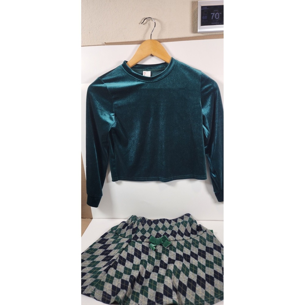 PatPat Girls Velvet Crop Top Argyle Skirt Set Green Christmas‎ Holiday 9-10Y NWT